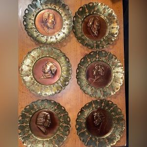 Vintage Famous Composer BRASS & COPPER Portrait Plates WALL HANGINGS Set of 6